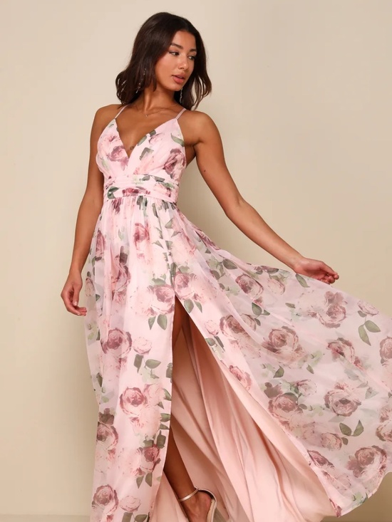 Lulus Dresses & Skirts - Lulus Romance That Wows Blush Floral Print Organza Maxi Dress
